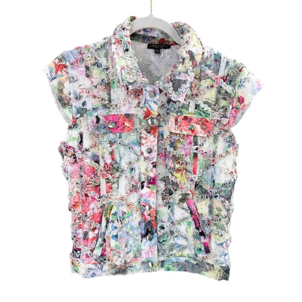 Alberto Makali Textured Floral Lace Ruffle Cap Sleeve Vest Multicolor 10